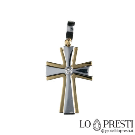 Современный крест из белого и желтого золота 18 карат с сертифицированным бриллиантом