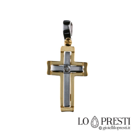 18kt white and yellow gold modern cross with diamond