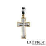 18kt white and yellow gold modern cross with certified brilliant diamond