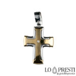 Croce moderna oro bicolore 18kt con diamante brillante