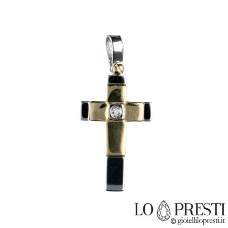 Croix moderne en or 18 carats bicolore avec diamant brillant