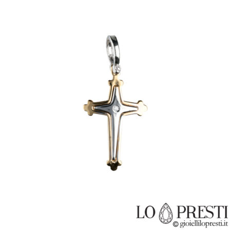 18kt white and yellow gold modern cross with certified brilliant diamond