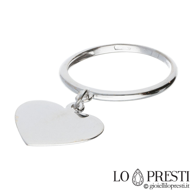 Anello charms con ciondolo pendente cuore in oro bianco 18kt - anelli moda  tendenza donna