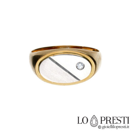 Satin and polished 18kt white and yellow gold oval men's chevaliere ring