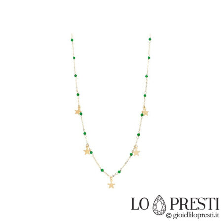 necklace with emerald green charms and 18kt yellow gold stars