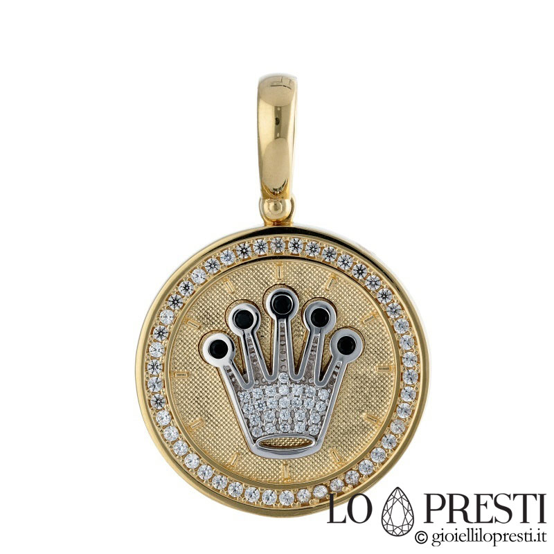 Noveno Equipo templo Colgante hombre con corona estilo Rolex gr 20.70 en oro blanco y amarillo  de 18 kt - Joyas Lo Presti