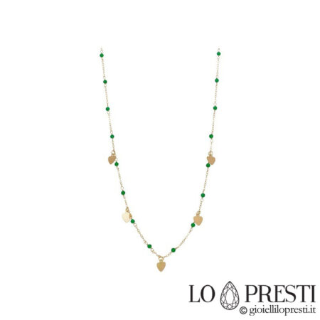necklace with emerald green charms and 18kt yellow gold hearts