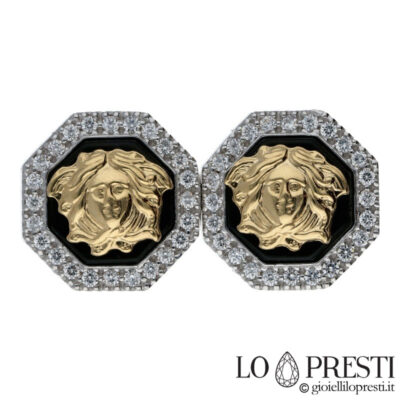 Brincos estilo Versace em ouro 18k ônix e zircônias