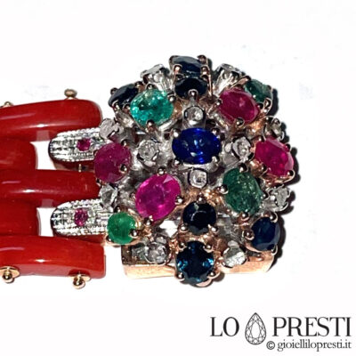 bracciale corallo maglia cartier con rubini smeraldi zaffiri e diamanti