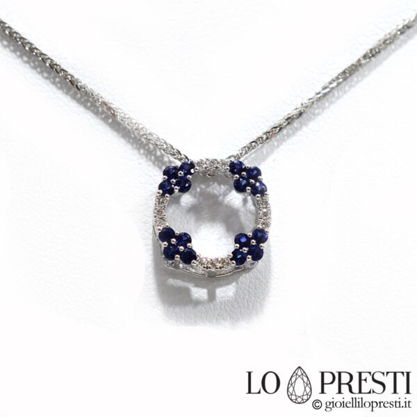 colar e pingente com safiras e diamantes, design elegante e moderno em ouro 18kt