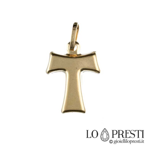 Tau cross in 18kt yellow gold with satin finish carved into the back.