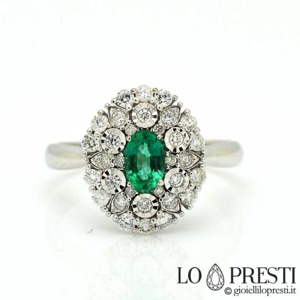 Women's ring with oval cut natural emerald and brilliant diamonds anniversary eternity birthday love.