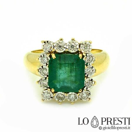Anillo con esmeralda y diamantes talla brillante IGI con certificación gemológica, producto artesanal.