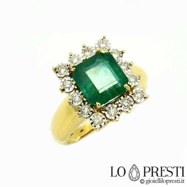 ring with emerald gemologically certified IGI brilliant cut diamonds, handcrafted product.