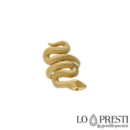 Snake ring in 18kt yellow gold with eyes and green stones, refined workmanship for this design object