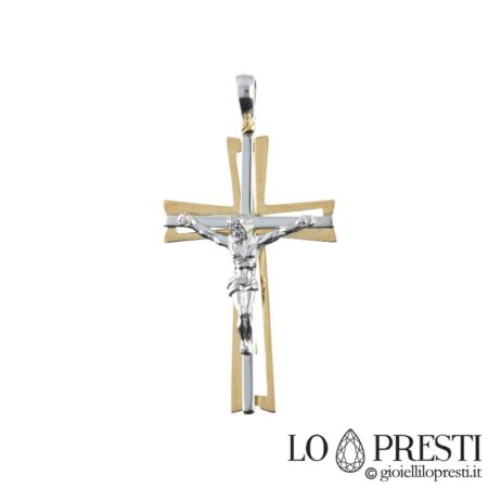 Croce in oro 18kt moderna stilizzata per battesimo compleanno comunione padrino madrina