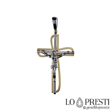 Croix moderne stylisée en or 18 carats pour baptême, anniversaire, communion, parrain, marraine