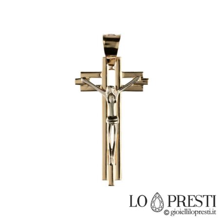 Croix moderne stylisée en or 18 carats pour baptême, anniversaire, communion, parrain, marraine