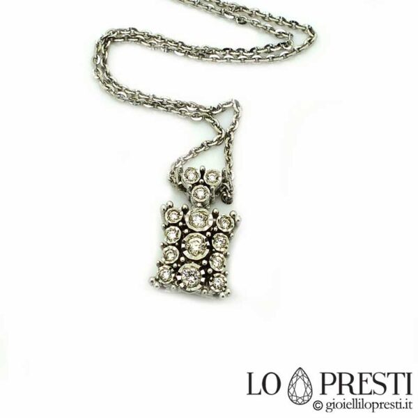 Modern design necklace and pendant with pavé brilliant-cut diamonds in 18kt white gold, guarantee certificate and gift box.