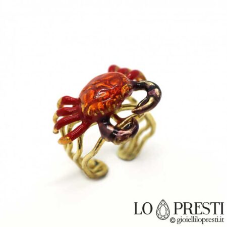 Crab ring sa yellow gold plated at hand enamelled 925 sterling silver, adjustable size, guarantee certificate at gift box.