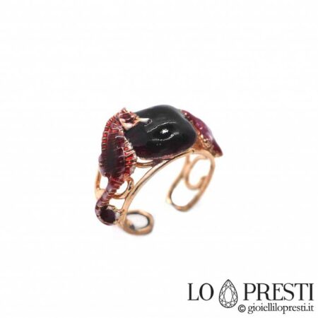 anello cavalluccio marino conchiglia e stella in argento 925 sterling placcato oro rosa e smaltato a mano. misura regolabile