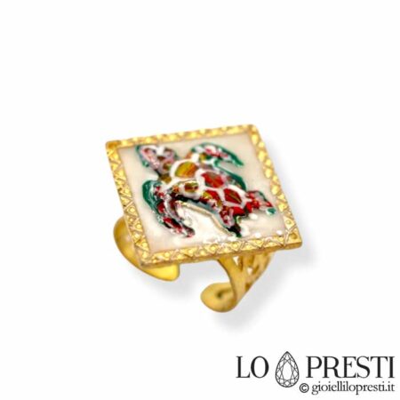 Maiolica Caretta Caretta Turtle ring in yellow gold plated and enamelled 925 sterling silver. Adjustable size.