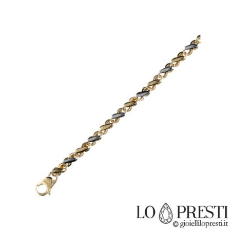 Bracelet pour homme moderne en or blanc et jaune 18 carats à maillons plats massifs. Certificat de garantie et coffret cadeau.