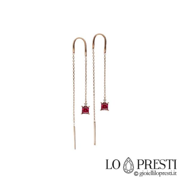 Fashionable chain earrings in 18kt rose gold with white or colored zircons. Certificate of guarantee and gift box.