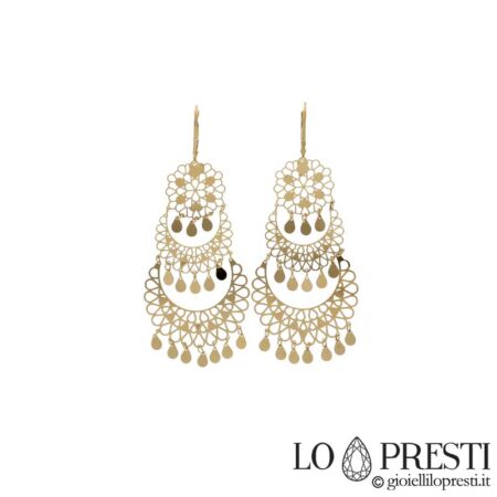 Boucles d'oreilles pendantes pour femme en or jaune 18 carats avec fermoir levier, certificat de garantie et coffret cadeau.