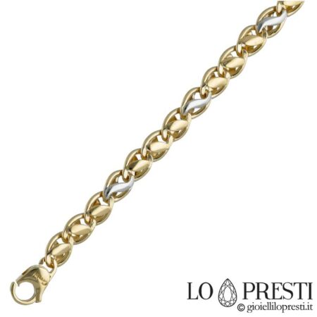 Bracelet homme moderne en or blanc et jaune 18 carats, maille plate et solide. Certificat de garantie et coffret cadeau.