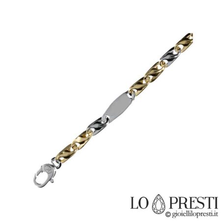 Bracelet homme moderne en or blanc et jaune 18 carats, maille plate et solide