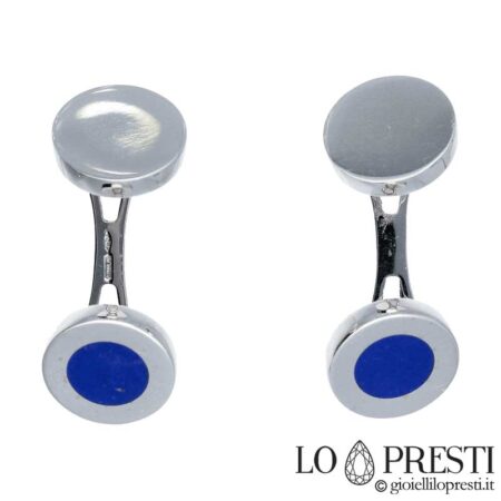Round shaped 18kt white gold men's cufflinks with lapis, simply elegant. Warranty certificate and gift box.