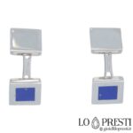 Square-shaped men's cufflinks in 18kt white gold with lapis, simply elegant. Warranty certificate and gift box.