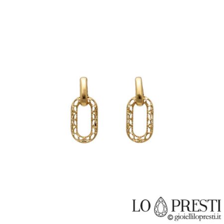 Boucles d'oreilles pendantes fantaisie groumette pour femme en or jaune 18 carats, fermeture pression, certificat de garantie et coffret cadeau.