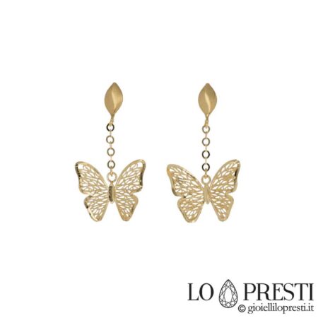 Boucles d'oreilles pendantes papillon pour femme en or jaune 18 carats avec fermoir à pression, certificat de garantie et coffret cadeau.