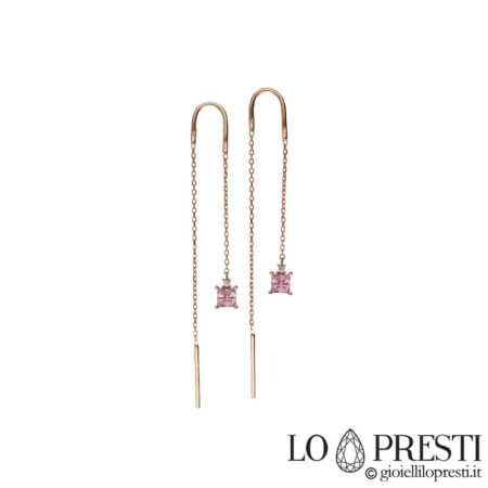 Fashionable chain earrings in 18kt rose gold with white or colored zircons. Certificate of guarantee and gift box.