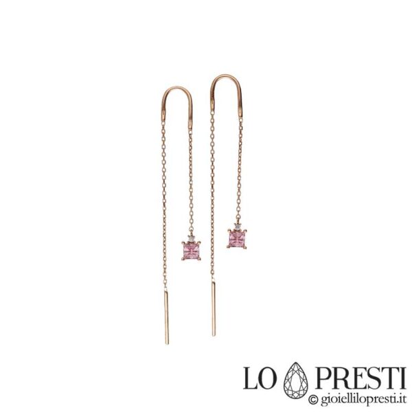 Pendientes de cadena de moda en oro rosa de 18 kt con circonitas blancas o de colores.Certificado de garantía y caja de regalo.