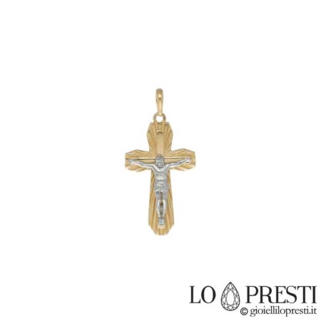 Croix avec le Christ en or blanc et jaune 18 carats d'une élégance simple