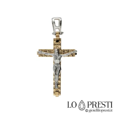 Croix avec le Christ en or blanc et jaune 18 carats, simplement élégante, pour baptême, naissance