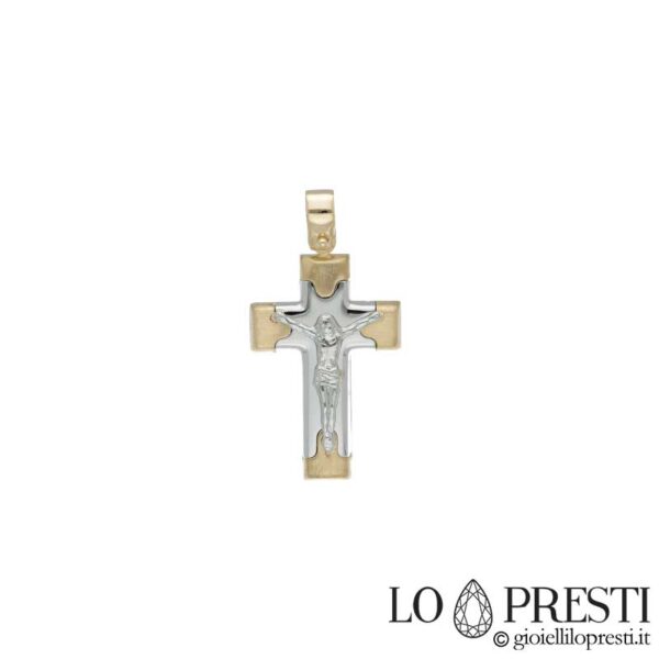 Крест с Христом из 18-каратного белого и желтого золота, просто элегантный, для крещения, рождения или просто символ веры.