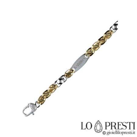 Bracelet homme moderne en or blanc et jaune 18 carats, maille plate et solide
