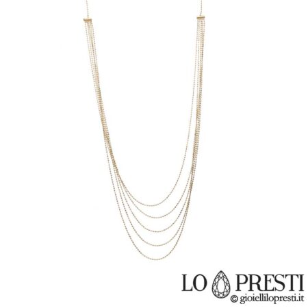 Women's fancy multi-strand necklace in 18kt yellow gold, adjustable from 45 to 42 cm. Certificate of guarantee and gift box.