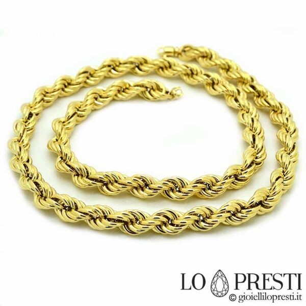 Collier corde en or jaune 18 kt. Le poids se réfère à la mesure de 80 cm. Le bracelet et le collier peuvent être commandés dans n'importe quelle taille. Certificat de garantie et coffret cadeau.