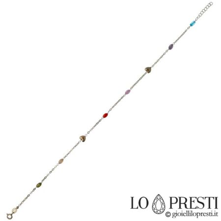Fantasy women's anklet in 18kt yellow gold with small hearts and colored stones. Warranty certificate and gift box.