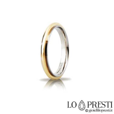 Unaerre wedding ring Andromeda slim model in 18 kt white and yellow gold, customizable via internal engraving.