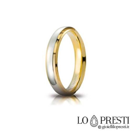 Unaerre Cassiopeia model wedding ring sa 18 kt puti at dilaw na ginto, nako-customize sa pamamagitan ng panloob na ukit. Available lang ang produkto sa order ng Warranty certificate at gift box.