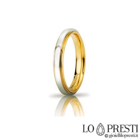 Unaerre slim Cassiopea wedding ring in 18 kt white and yellow gold, customizable via internal engraving.