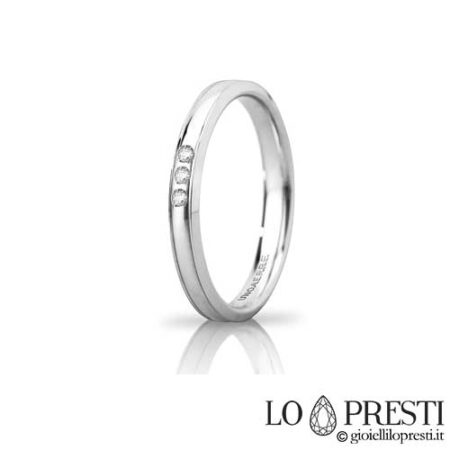 Unaerre Orion slim wedding ring in 18kt white or yellow gold with three diamonds, customizable via internal engraving